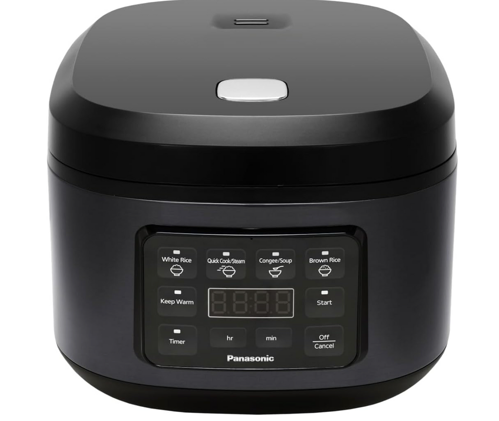 Panasonic Rice Cooker 10 Cup, LED Display, Touch Control, Non-Stick Pot, Quick Cook, Keep Warm, 4 Auto Menus, Delay Timer, Includes Measuring Cup, Rice Scoop, Steam Basket, Black (SR-DA182KST)