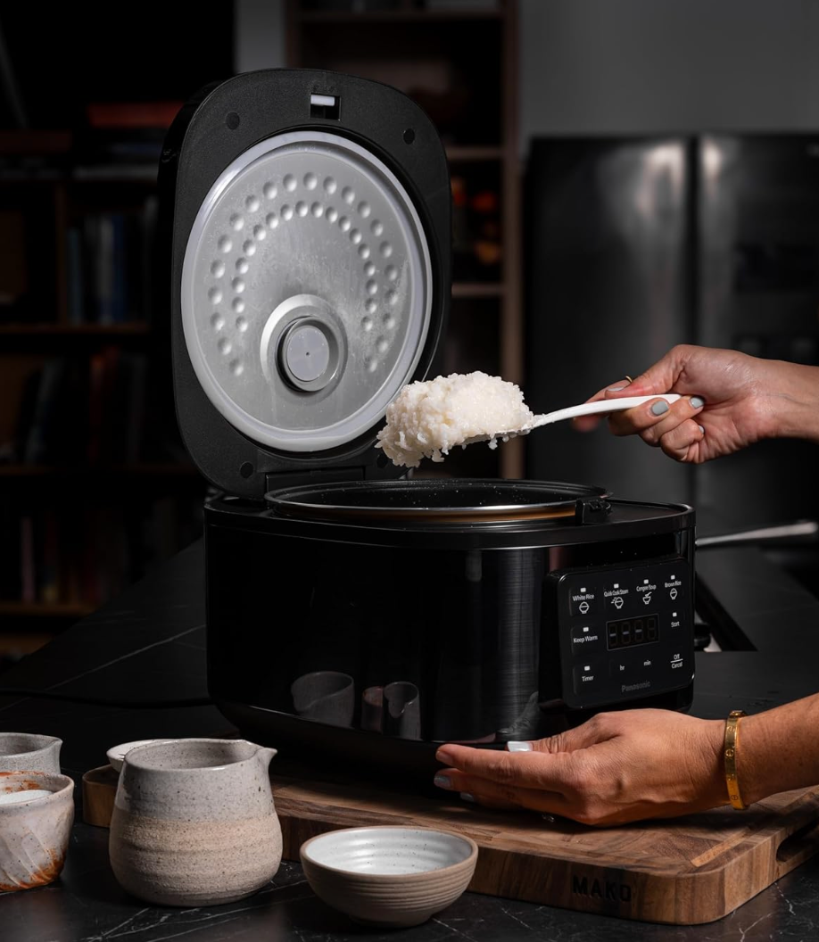 Panasonic Rice Cooker 10 Cup, LED Display, Touch Control, Non-Stick Pot, Quick Cook, Keep Warm, 4 Auto Menus, Delay Timer, Includes Measuring Cup, Rice Scoop, Steam Basket, Black (SR-DA182KST)