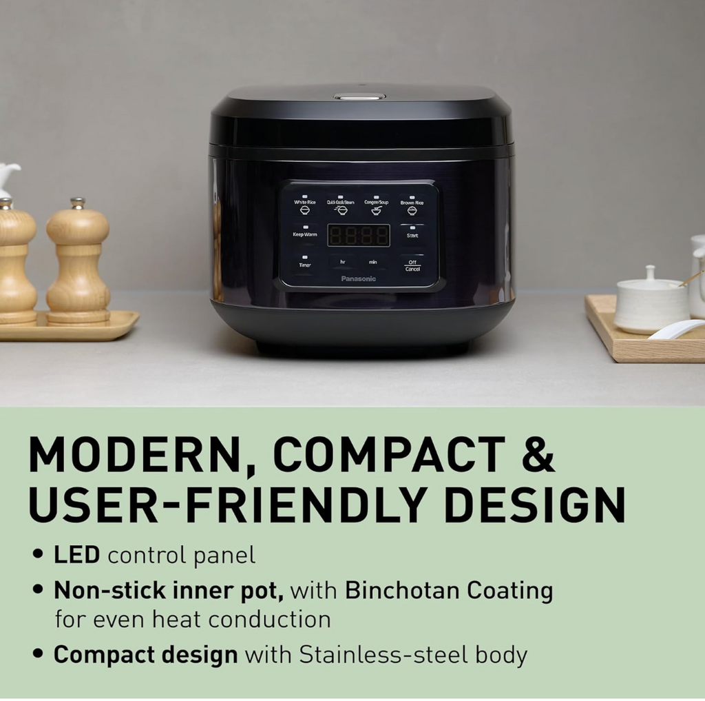 Panasonic Rice Cooker 10 Cup, LED Display, Touch Control, Non-Stick Pot, Quick Cook, Keep Warm, 4 Auto Menus, Delay Timer, Includes Measuring Cup, Rice Scoop, Steam Basket, Black (SR-DA182KST)