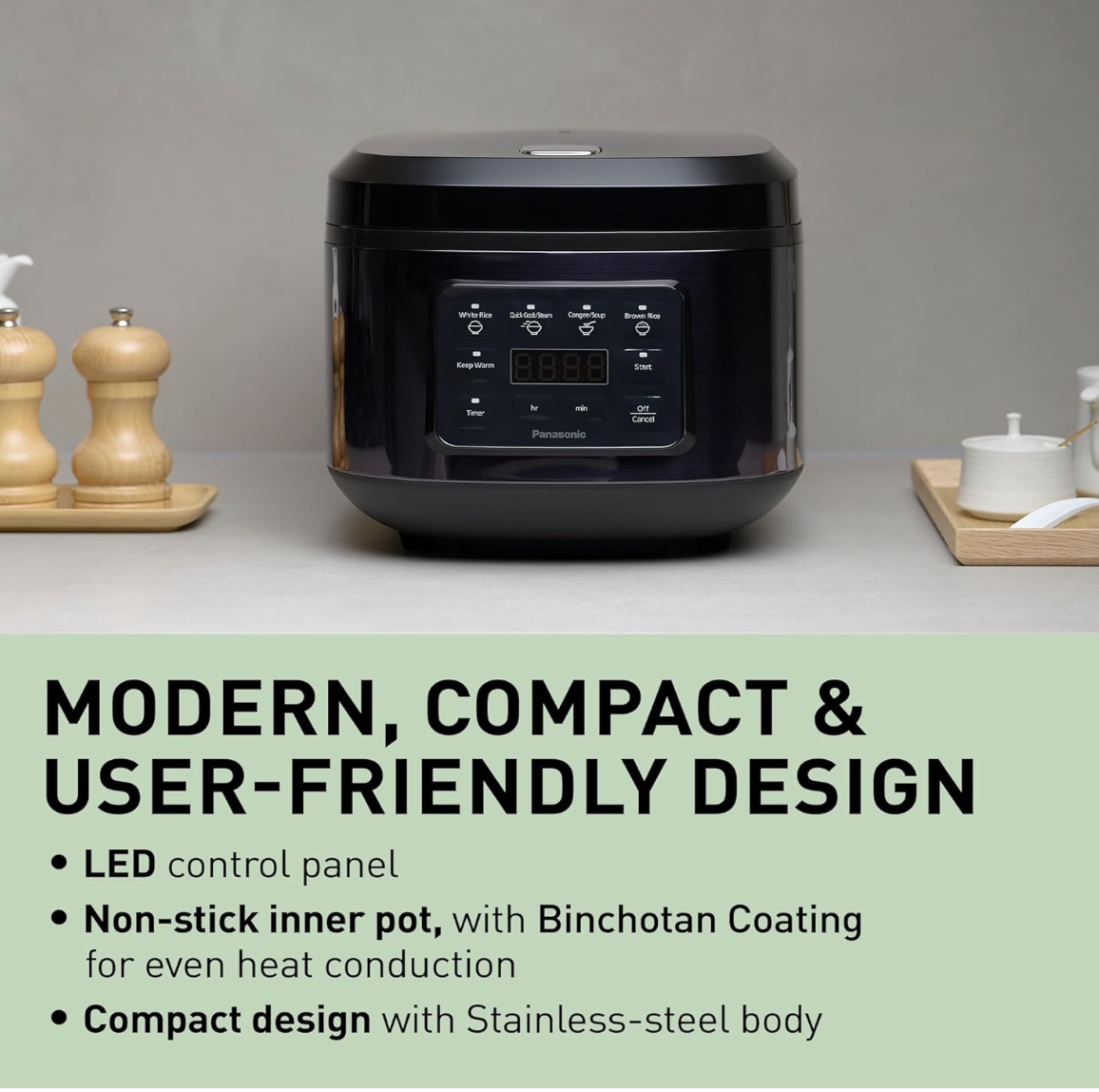 Panasonic Rice Cooker 10 Cup, LED Display, Touch Control, Non-Stick Pot, Quick Cook, Keep Warm, 4 Auto Menus, Delay Timer, Includes Measuring Cup, Rice Scoop, Steam Basket, Black (SR-DA182KST)