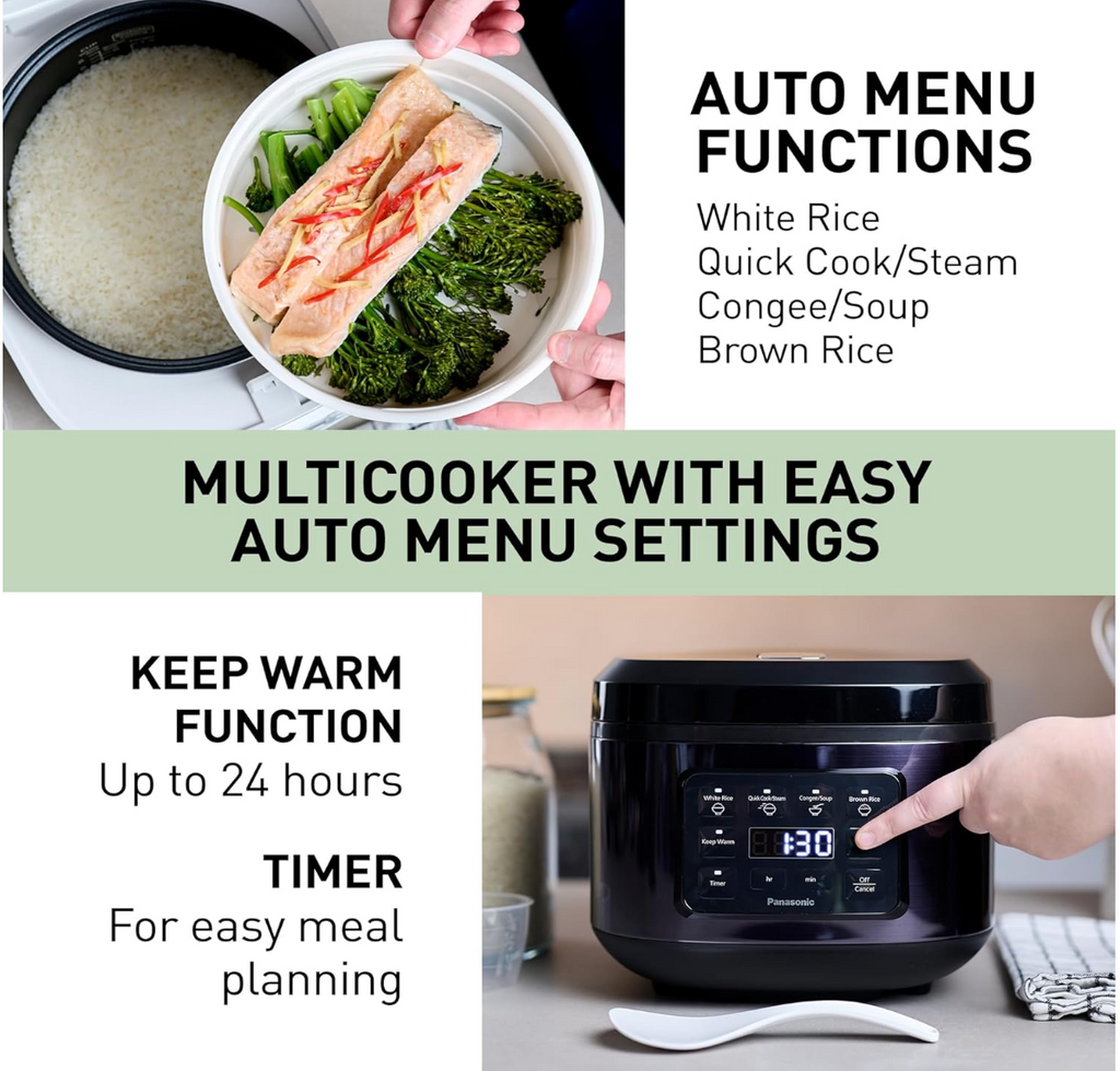 Panasonic Rice Cooker 10 Cup, LED Display, Touch Control, Non-Stick Pot, Quick Cook, Keep Warm, 4 Auto Menus, Delay Timer, Includes Measuring Cup, Rice Scoop, Steam Basket, Black (SR-DA182KST)