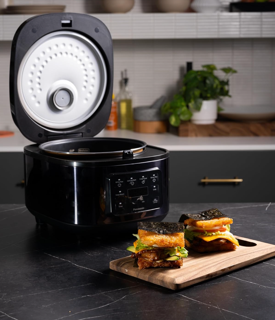 Panasonic Rice Cooker 10 Cup, LED Display, Touch Control, Non-Stick Pot, Quick Cook, Keep Warm, 4 Auto Menus, Delay Timer, Includes Measuring Cup, Rice Scoop, Steam Basket, Black (SR-DA182KST)