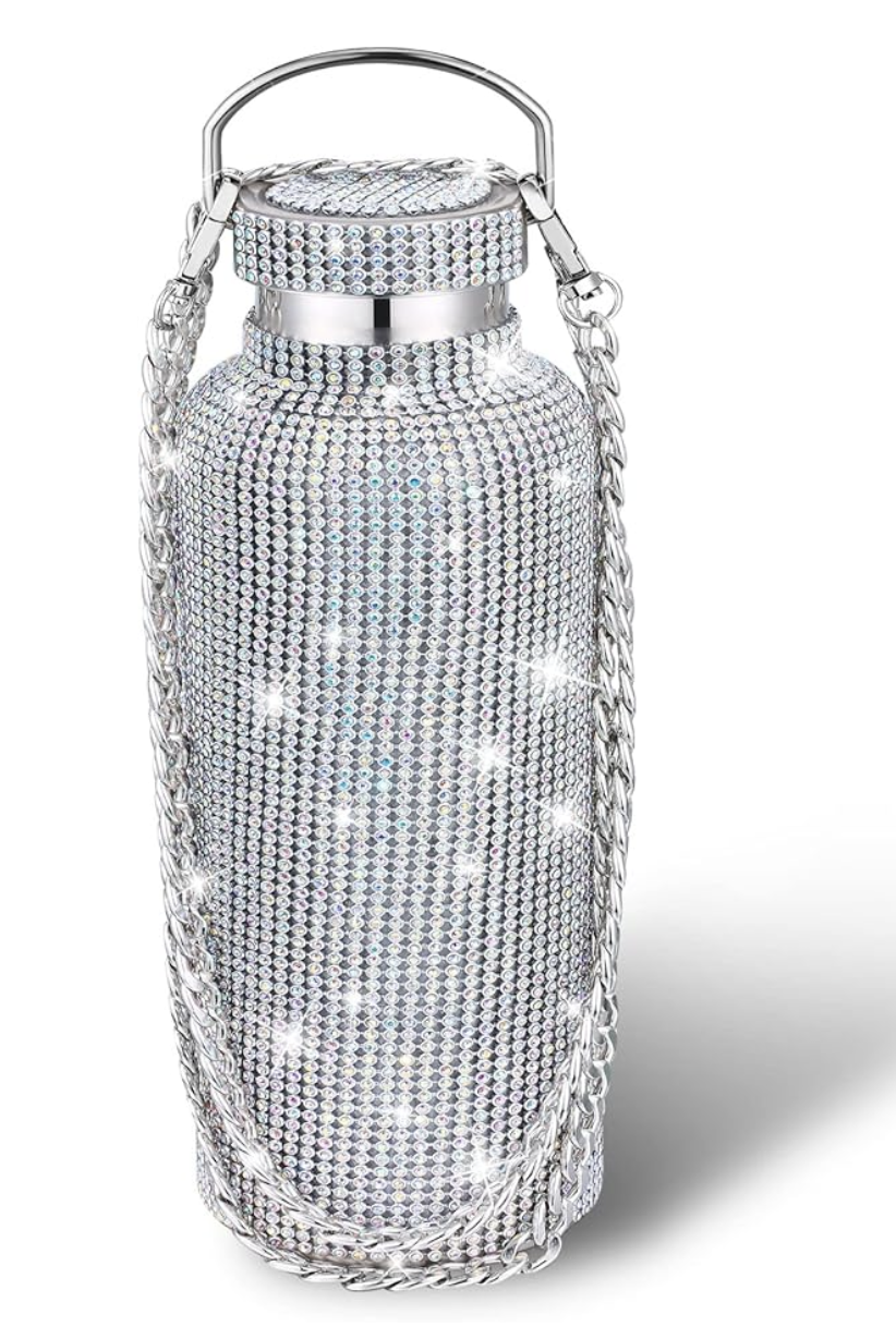 Diamond Water Bottle Bling Rhinestone Stainless Steel Thermal Refillable Insulated Glitter with Chain for Women Girls Gifts (Gold, 750 ml)