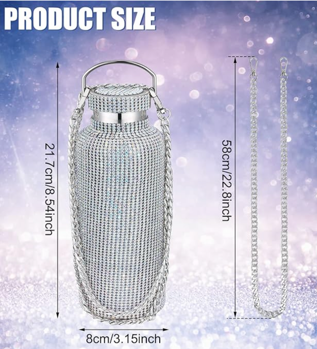 Diamond Water Bottle Bling Rhinestone Stainless Steel Thermal Refillable Insulated Glitter with Chain for Women Girls Gifts (Gold, 750 ml)