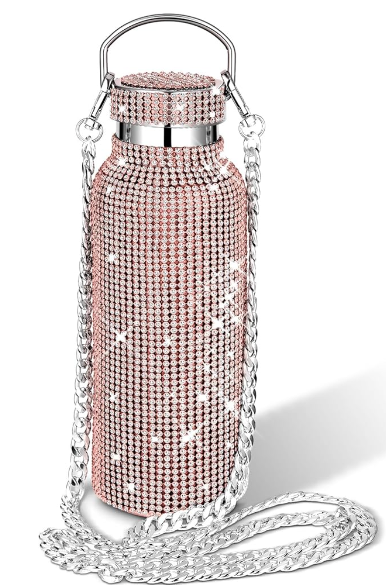 Diamond Water Bottle Bling Rhinestone Stainless Steel Thermal Refillable Insulated Glitter with Chain for Women Girls Gifts (Gold, 750 ml)