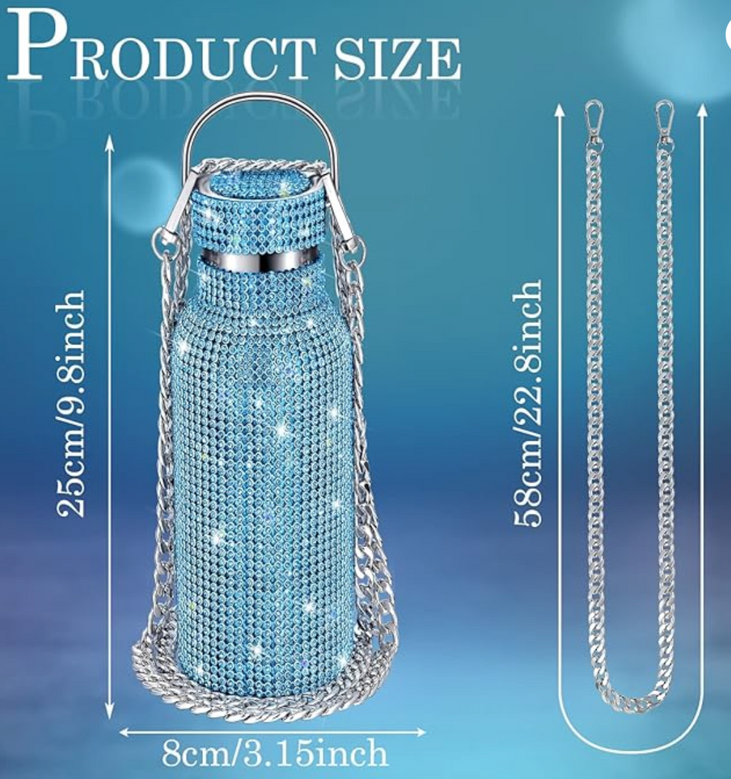 Diamond Water Bottle Bling Rhinestone Stainless Steel Thermal Refillable Insulated Glitter with Chain for Women Girls Gifts (Gold, 750 ml)