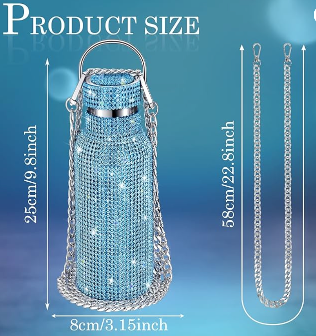 Diamond Water Bottle Bling Rhinestone Stainless Steel Thermal Refillable Insulated Glitter with Chain for Women Girls Gifts (Gold, 750 ml)