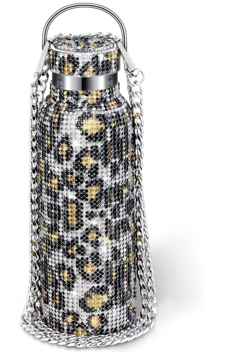 Diamond Water Bottle Bling Rhinestone Stainless Steel Thermal Refillable Insulated Glitter with Chain for Women Girls Gifts (Gold, 750 ml)