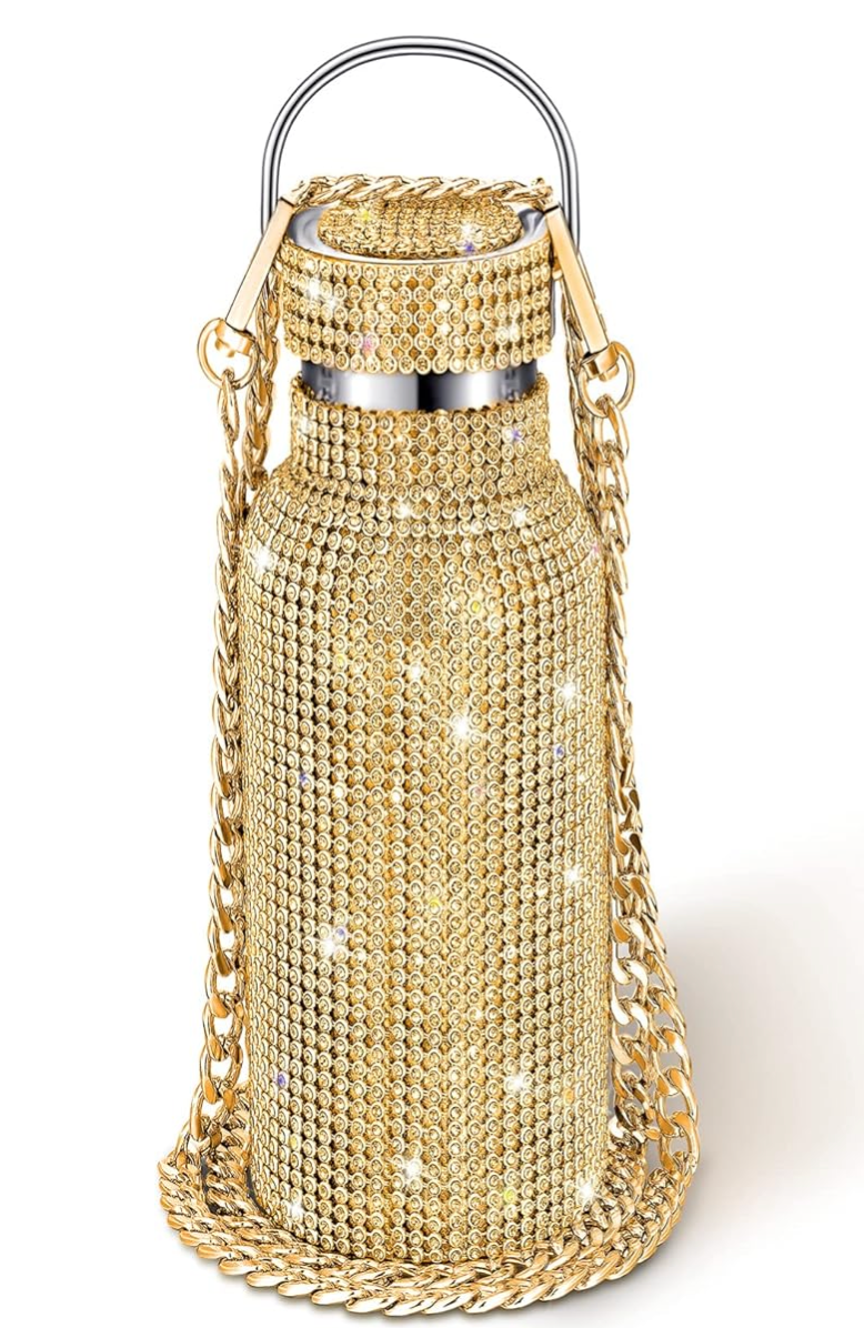 Diamond Water Bottle Bling Rhinestone Stainless Steel Thermal Refillable Insulated Glitter with Chain for Women Girls Gifts (Gold, 750 ml)